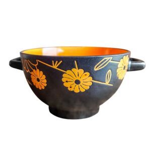 Bowl Tazón De Cerámica 750ML Diseño Floreado Con Asas Naranjo