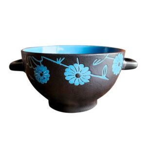 Bowl Tazón De Cerámica 750ML Diseño Floreado Con Asas Turquesa