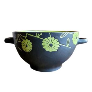 Bowl Tazón De Cerámica 750ML Diseño Floreado Con Asas Verde