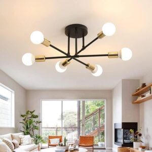 Lámpara colgante modelo araña negro con dorado - Incluye 6 bombillas