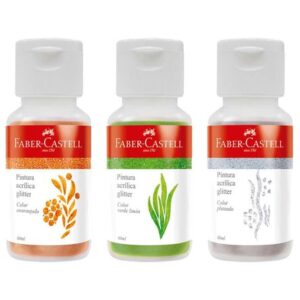 Pinturas Acrílicas FABER CASTELL Glitter Naranja, Verde y Plata 60ml 3un