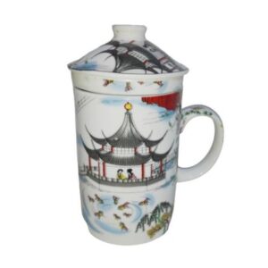 Taza Ceramica Con Filtro Oriental Palacio Pagoda Peces 3pza