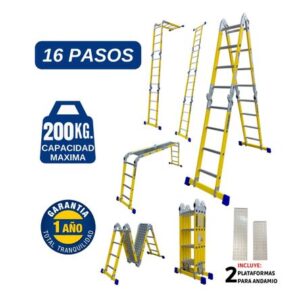 Escalera Fibra de Vidrio Multiposición de 16 Pasos 4x4 Cap. Carga Max: 200 Kg Bronco American