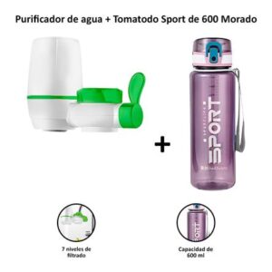 Filtro Purificador de Agua para Grifo + Tomatodo Sport 600ml con Botón de Seguridad Morado