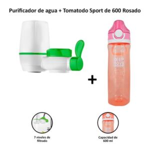 Filtro Purificador de Agua para Grifo + Tomatodo Sport 600ml con Botón de Seguridad Rosado