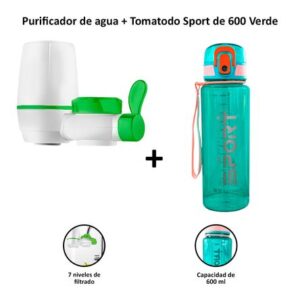 Filtro Purificador de Agua para Grifo + Tomatodo Sport 600ml con Botón de Seguridad Verde