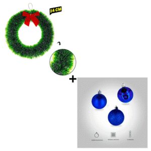 Combo Corona Navideña Verde + Bolas Navideñas por 12 Unidades Diseño Aleatorio Color Azul