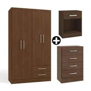 COMBO Ropero Cali 4 puertas + Cómoda 4 cajones + Velador 1 cajón Jacaranda