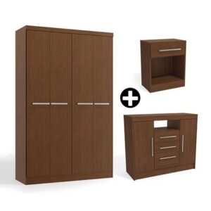 COMBO Ropero Oslo 4 puertas Jacaranda + Cómoda 2 puertas 3 cajones + Velador 1 cajón