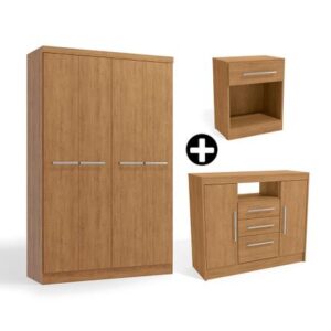 COMBO Ropero Oslo 4 puertas Maple + Cómoda 2 puertas 3 cajones + Velador 1 cajón