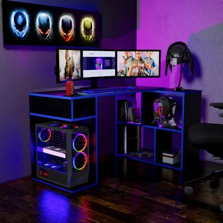 Escritorio Gamer en L 133x80cm NR 11 Movenda Negro Azul