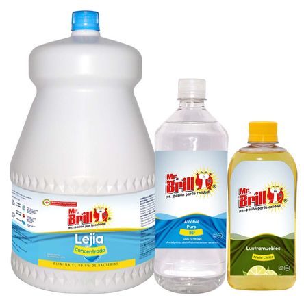 Lejia Mr Brillo 1 Gal + Alcohol Puro 96° 1 L + Lustramuebles Citrico