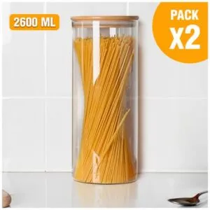 Pack X2 Frasco Hermético Circular Táper 2600ml Tapa Bambú Q65