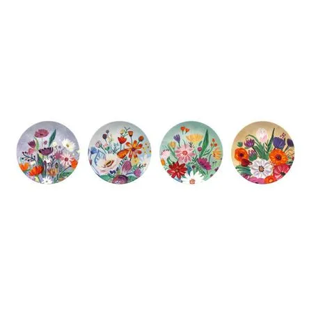 Set 4 Platos Postre Flores Porcelana