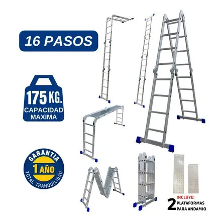 Escalera Alumino Multiposición de 16 Pasos 4x4 Cap. Carga Max: 200 Kg