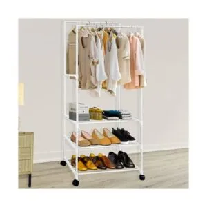 Perchero Colgador Zapatero Estante Ropa Doble 3 Niveles Con Ruedas Blanco