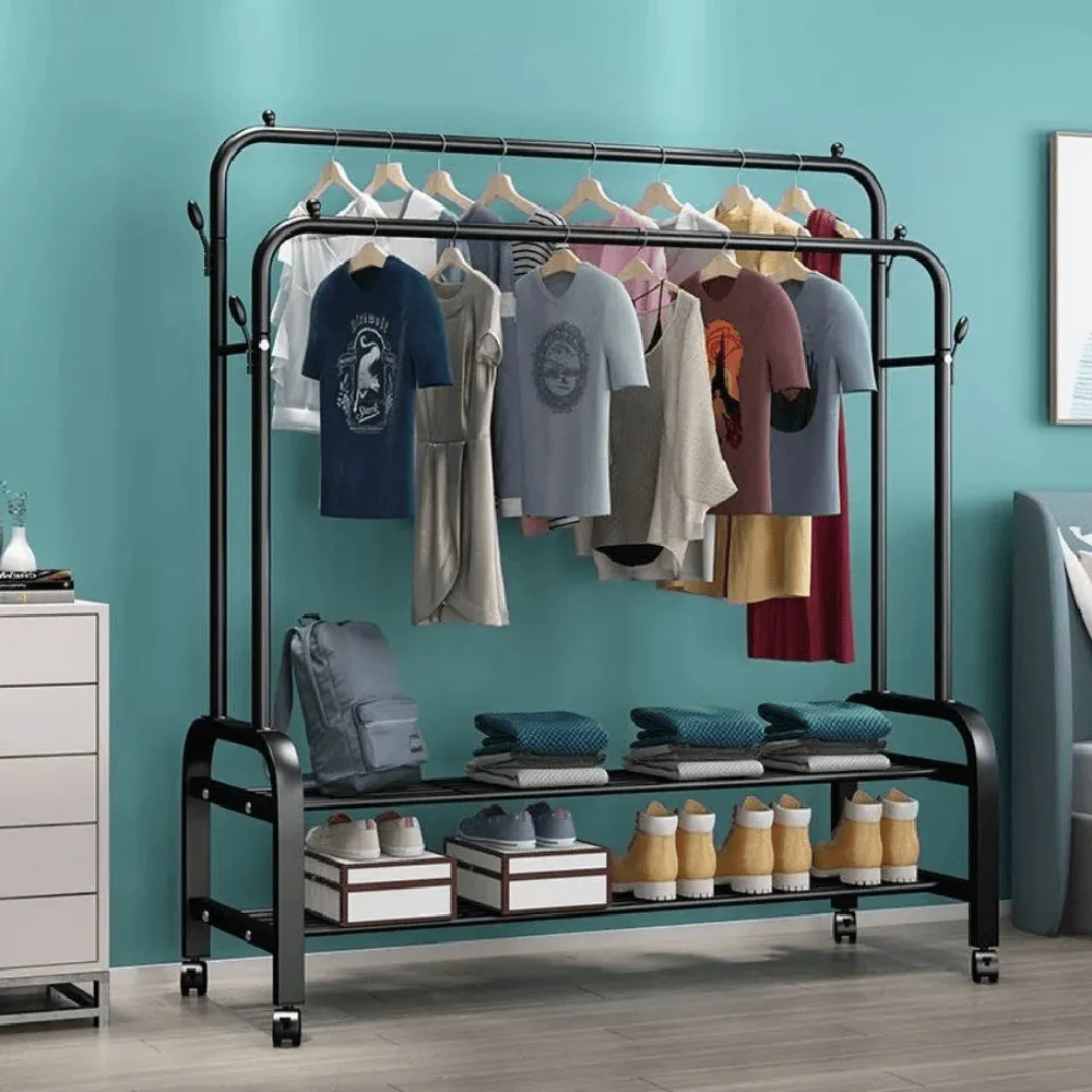 PERCHERO COLGADOR ORGANIZADOR CON RUEDA ESTANTE PARA DORMITORIO , TIENE EN LA BASE 2 NIVELES PARA CO