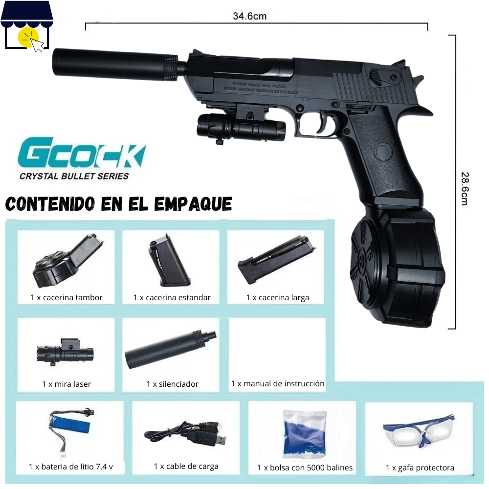 Juguete Pistola Glock De Hidrogel Mira Laser Y 3 Cacerinas